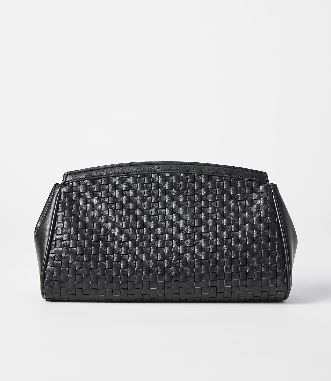 A black woven clutch rests on a white surface against a plain white background.
