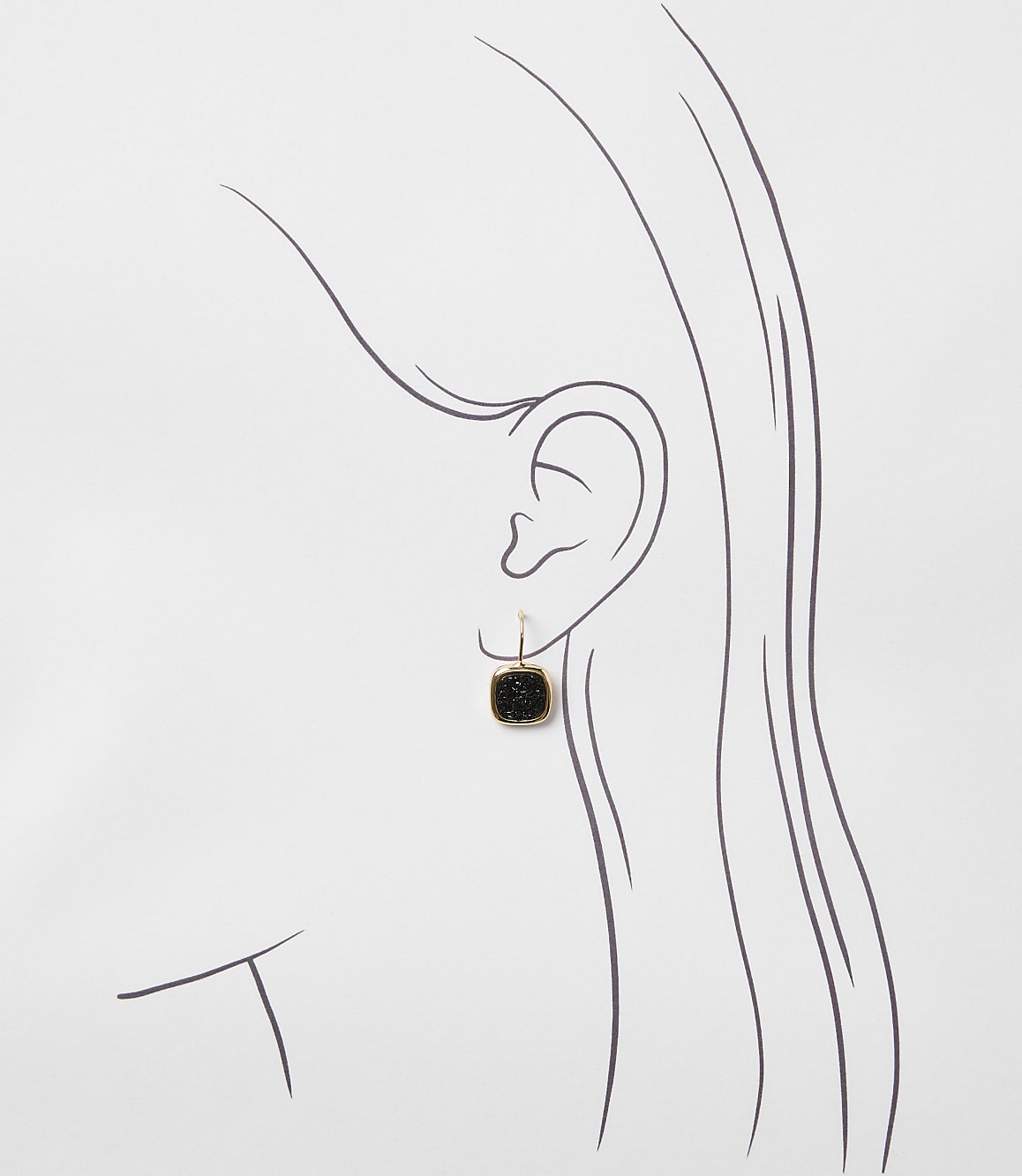 A simple sketch of a woman's ear with a square black earring hanging from it is set against a plain white background.