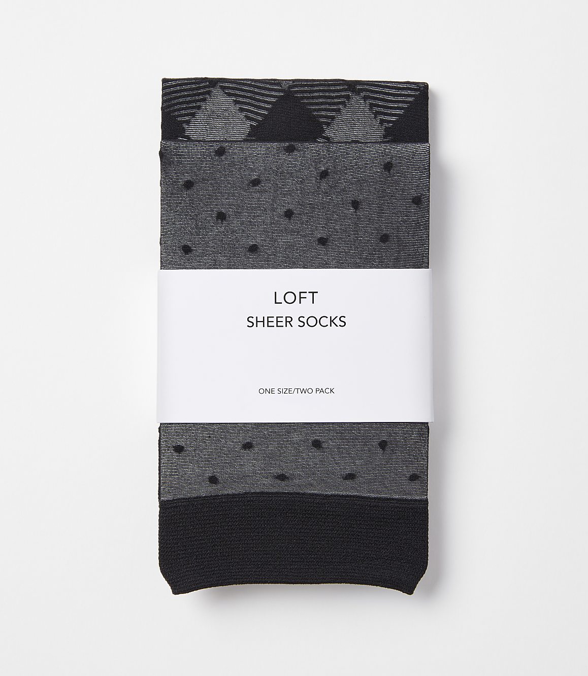 Two pairs of grey and black sheer socks with a geometric pattern and polka dots are neatly packaged with a white band that reads "LOFT SHEER SOCKS" against a plain white background.