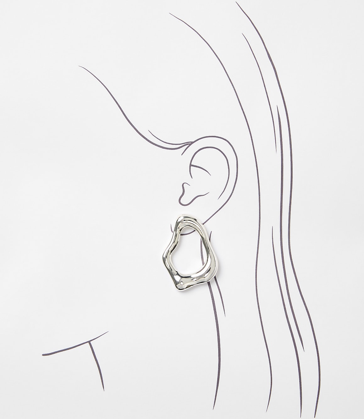 A silver, abstract-shaped earring dangles from a sketched ear, set against a simple white background with faint lines suggesting hair.