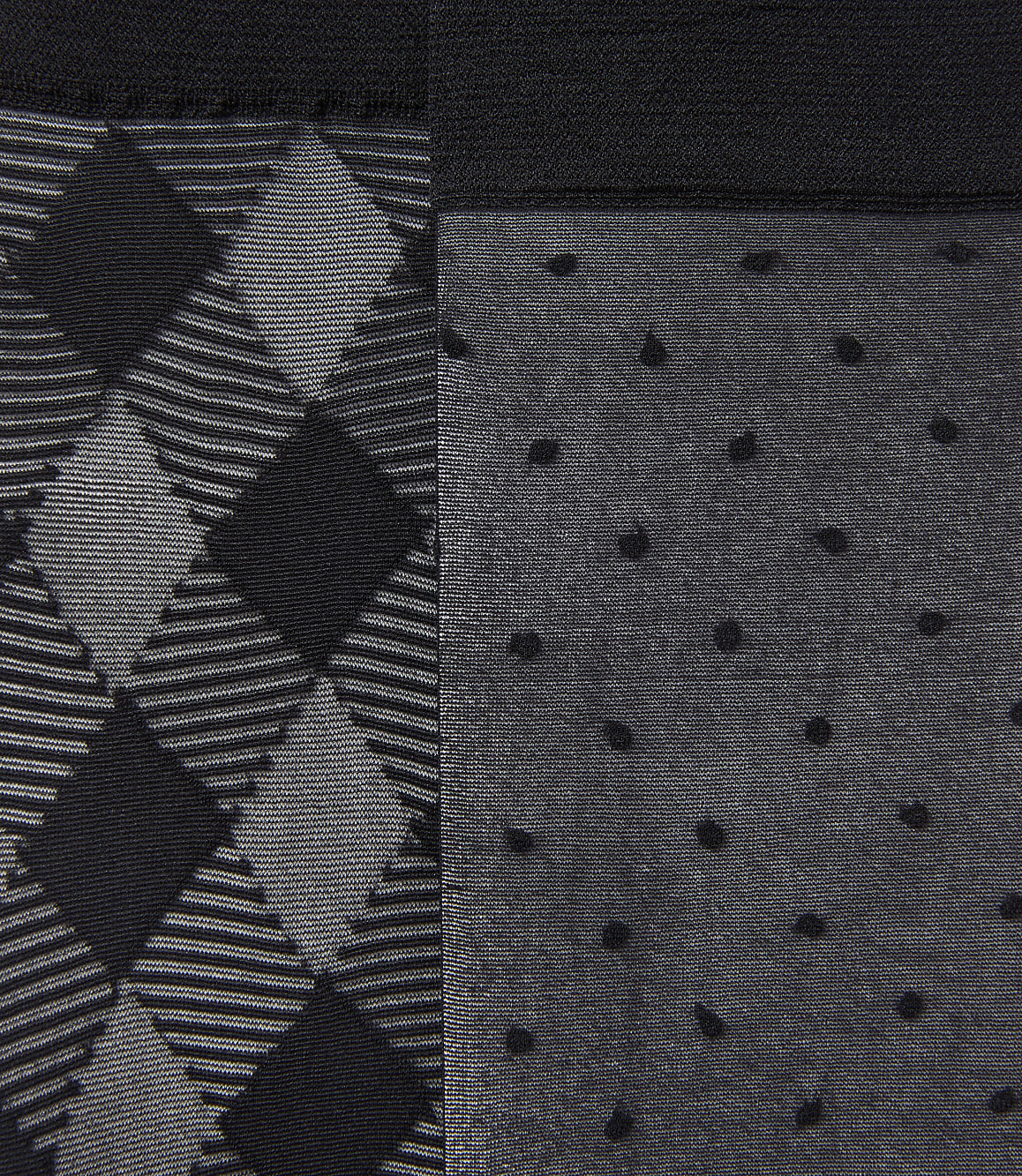 A close-up view reveals a split image with a diamond argyle pattern on the left and a polka dot pattern on the right, both against a dark background.