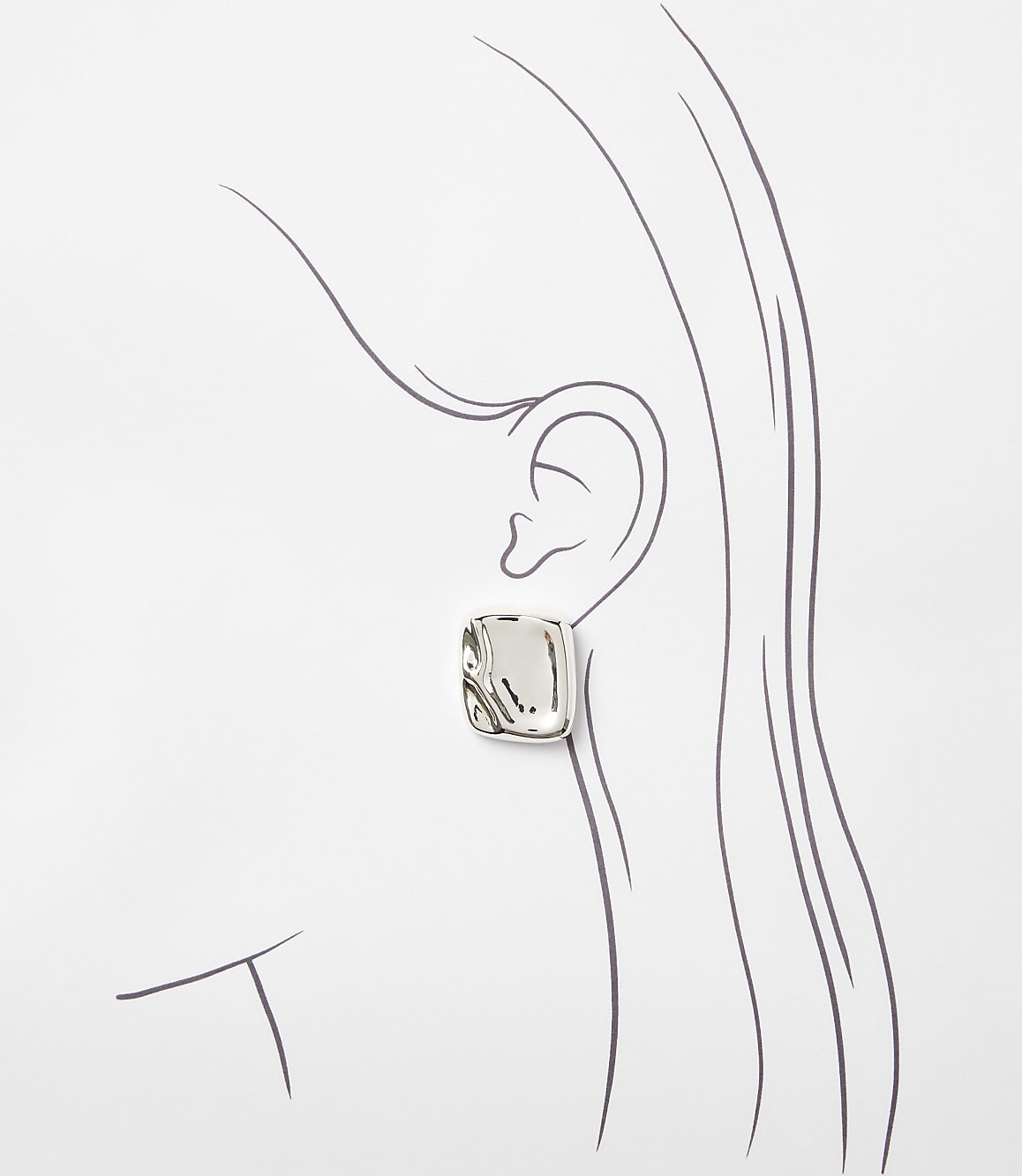 A silver, square-shaped earring is worn on an ear sketched in profile against a white background.