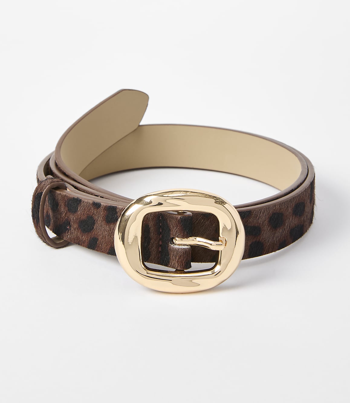 A leopard-print belt with a gold buckle rests on a plain white background.