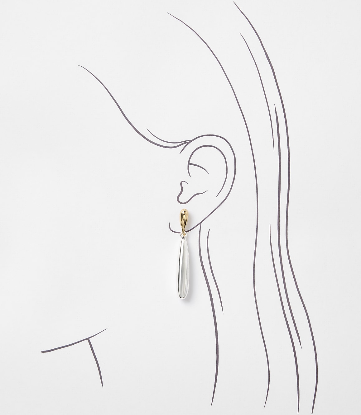 A delicate silver teardrop earring with a gold clasp hangs from a sketched ear against a plain white background.