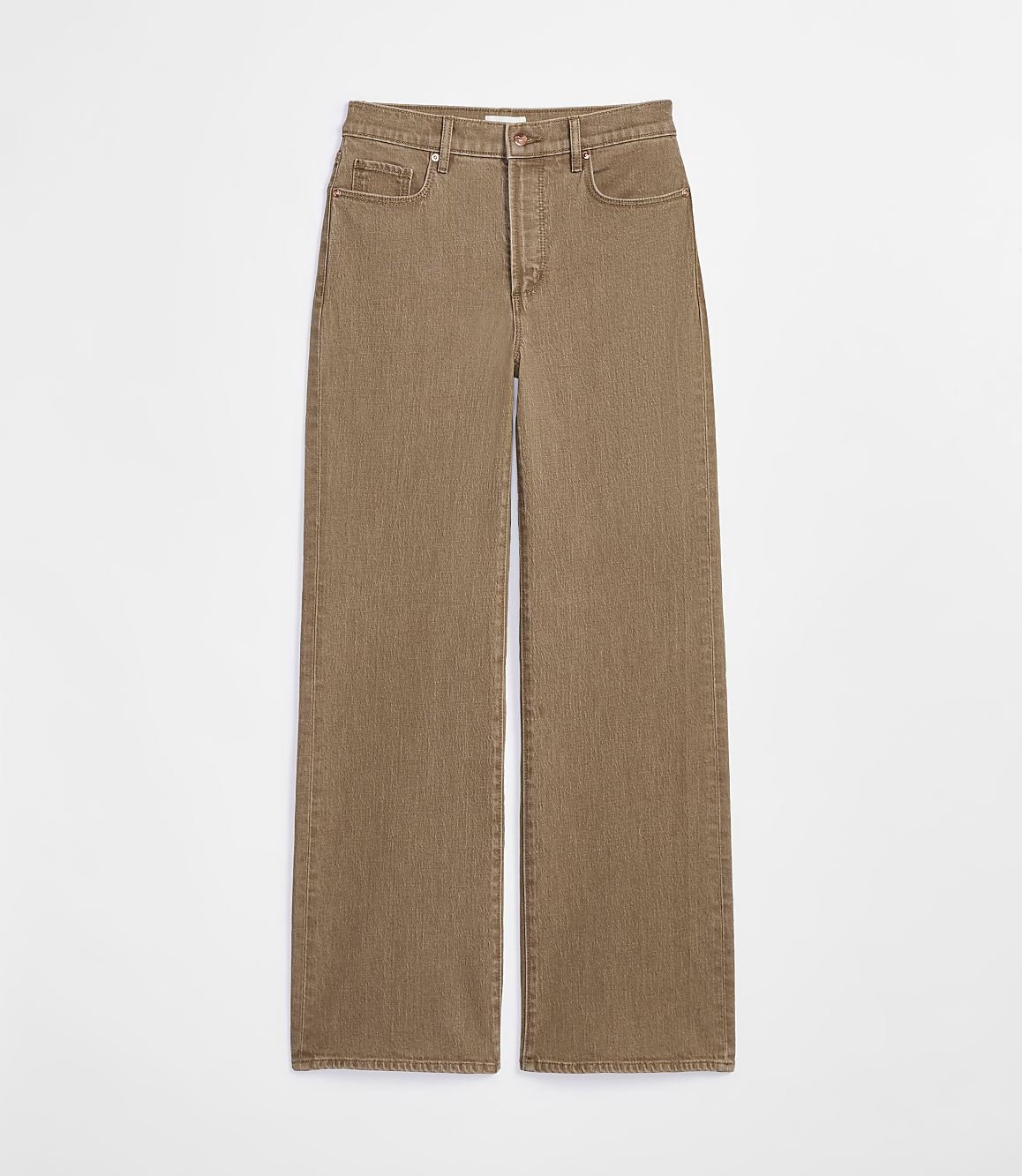 A pair of brown wide-leg jeans are displayed against a plain white background.