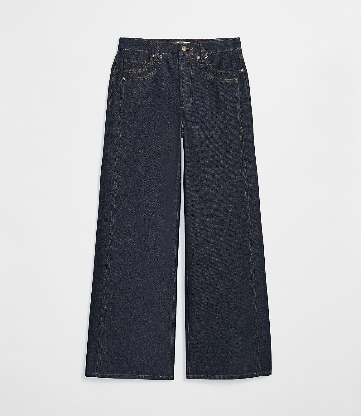 Dark wash wide-leg jeans with yellow stitching are displayed against a plain white background.