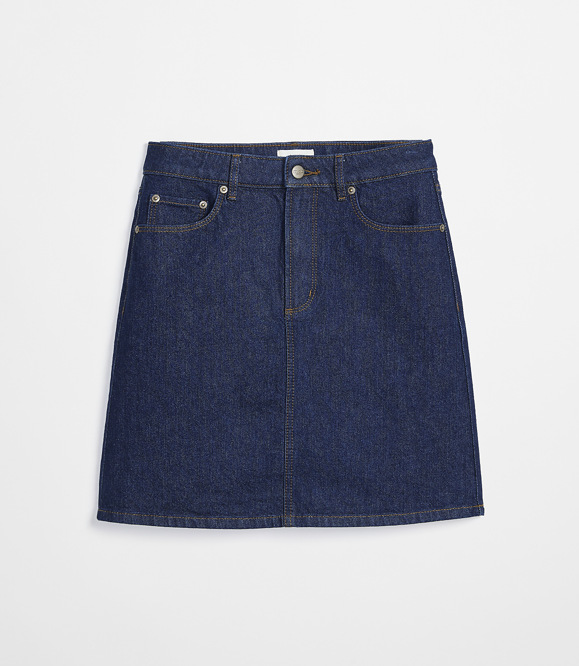 A dark wash denim mini skirt with front pockets is displayed against a plain white background.