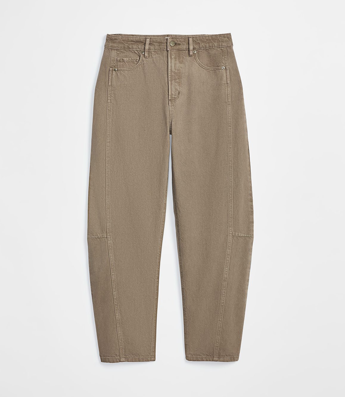 A pair of tan, balloon-shaped jeans with visible stitching is presented against a plain white background.