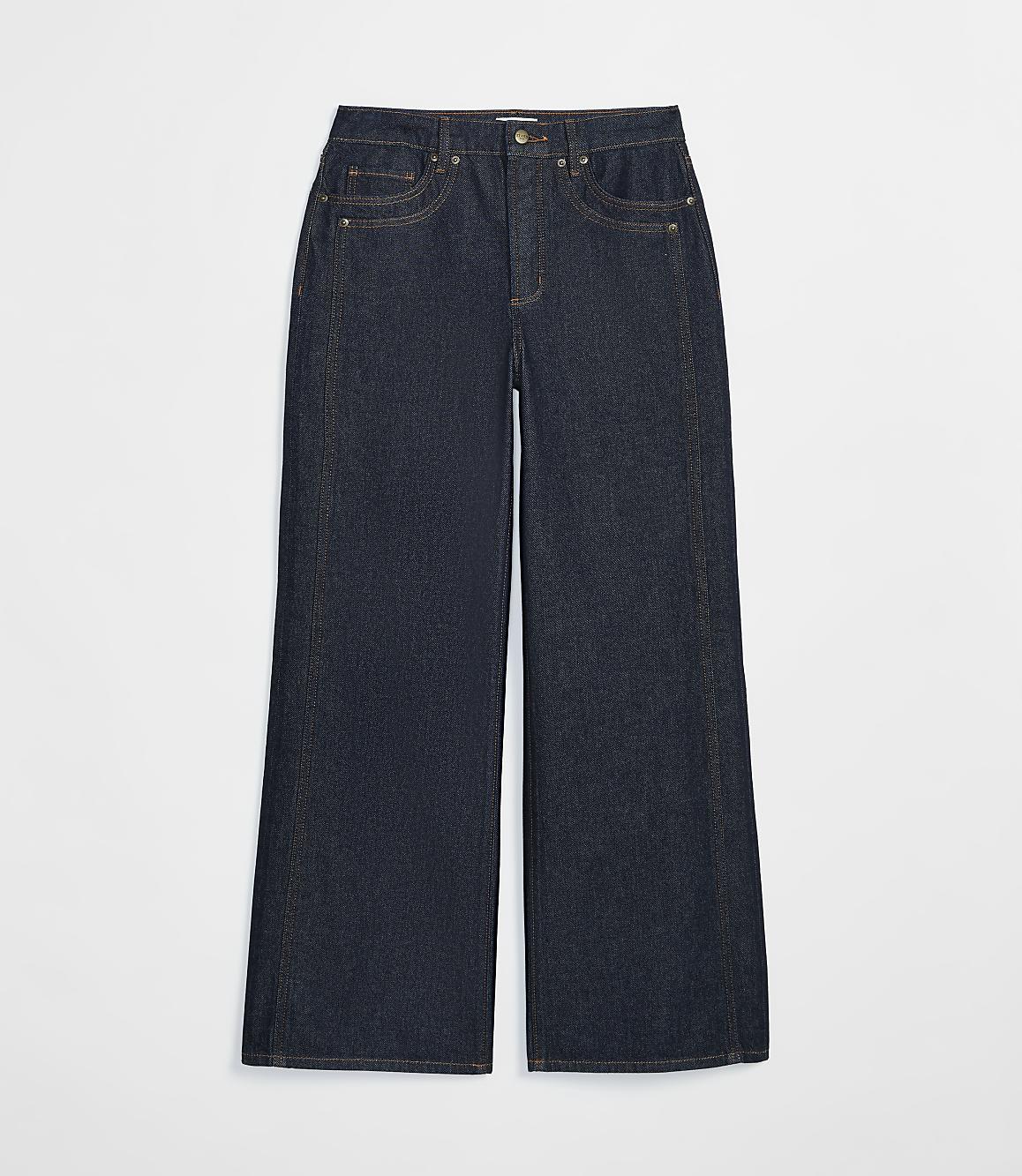 Dark wash wide-leg jeans with visible stitching are presented against a plain white background.
