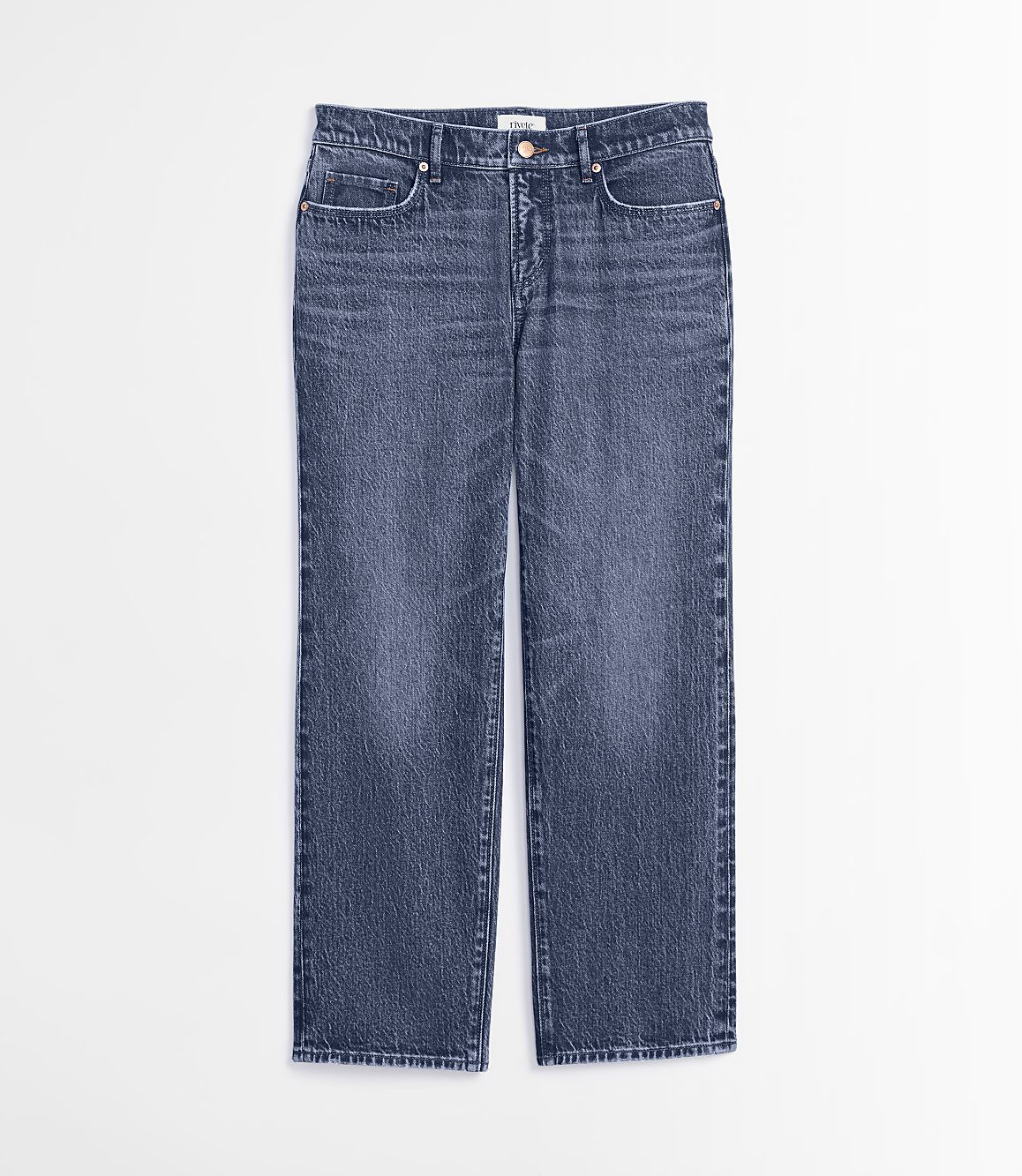 A pair of dark wash denim jeans lies flat against a plain white background.