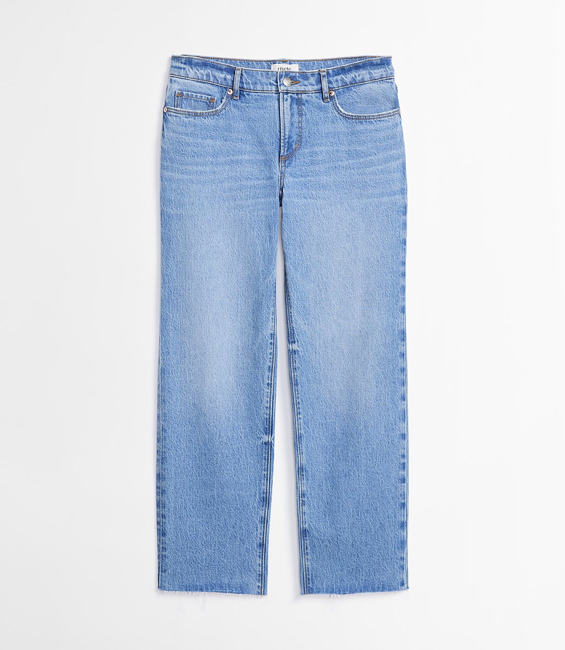 Light blue denim jeans with a straight leg are displayed against a plain white background.