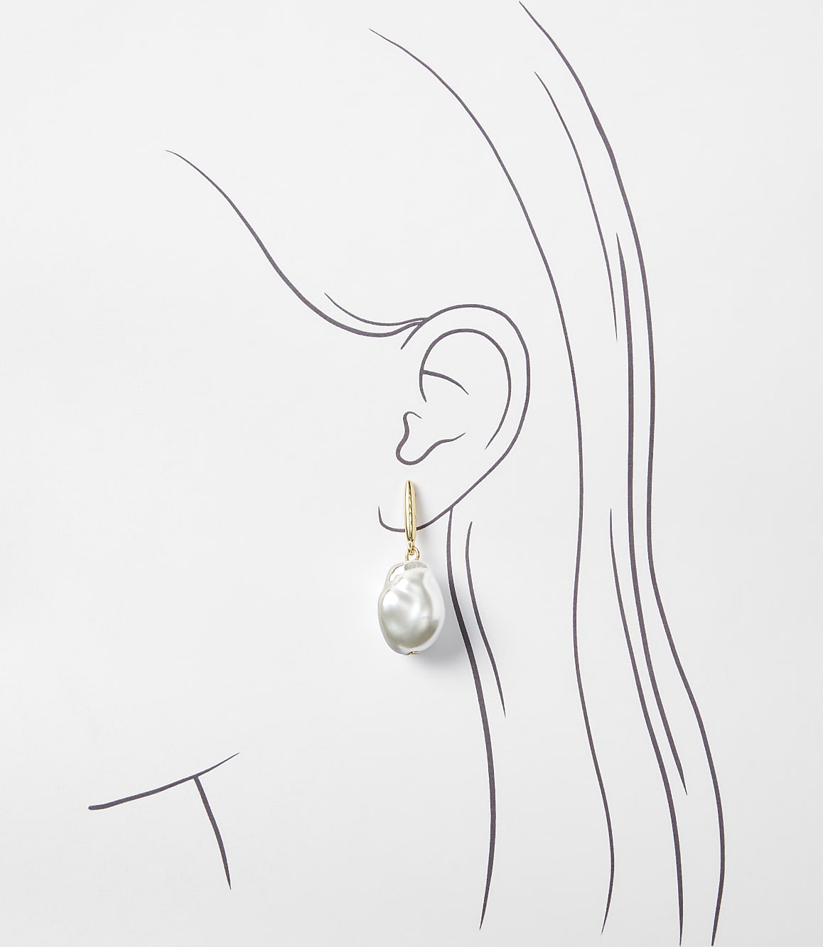 A single baroque pearl earring hangs from a stylized ear against a plain white background.