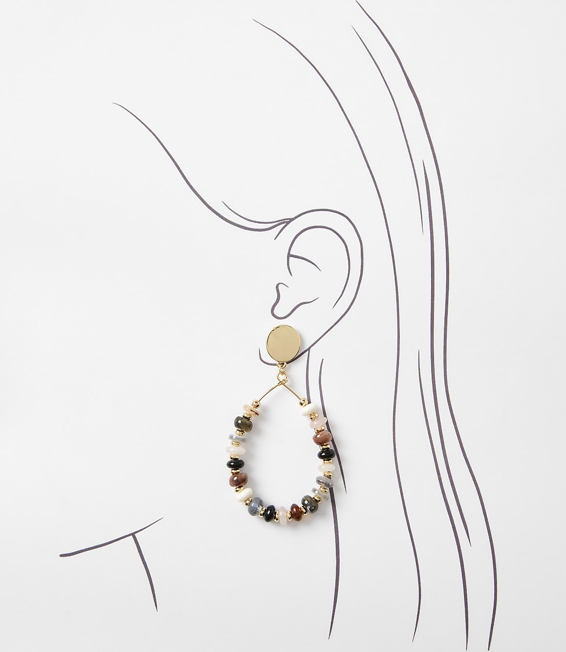 A beaded teardrop earring hangs from a gold stud against a stylized outline of a woman's head and ear.