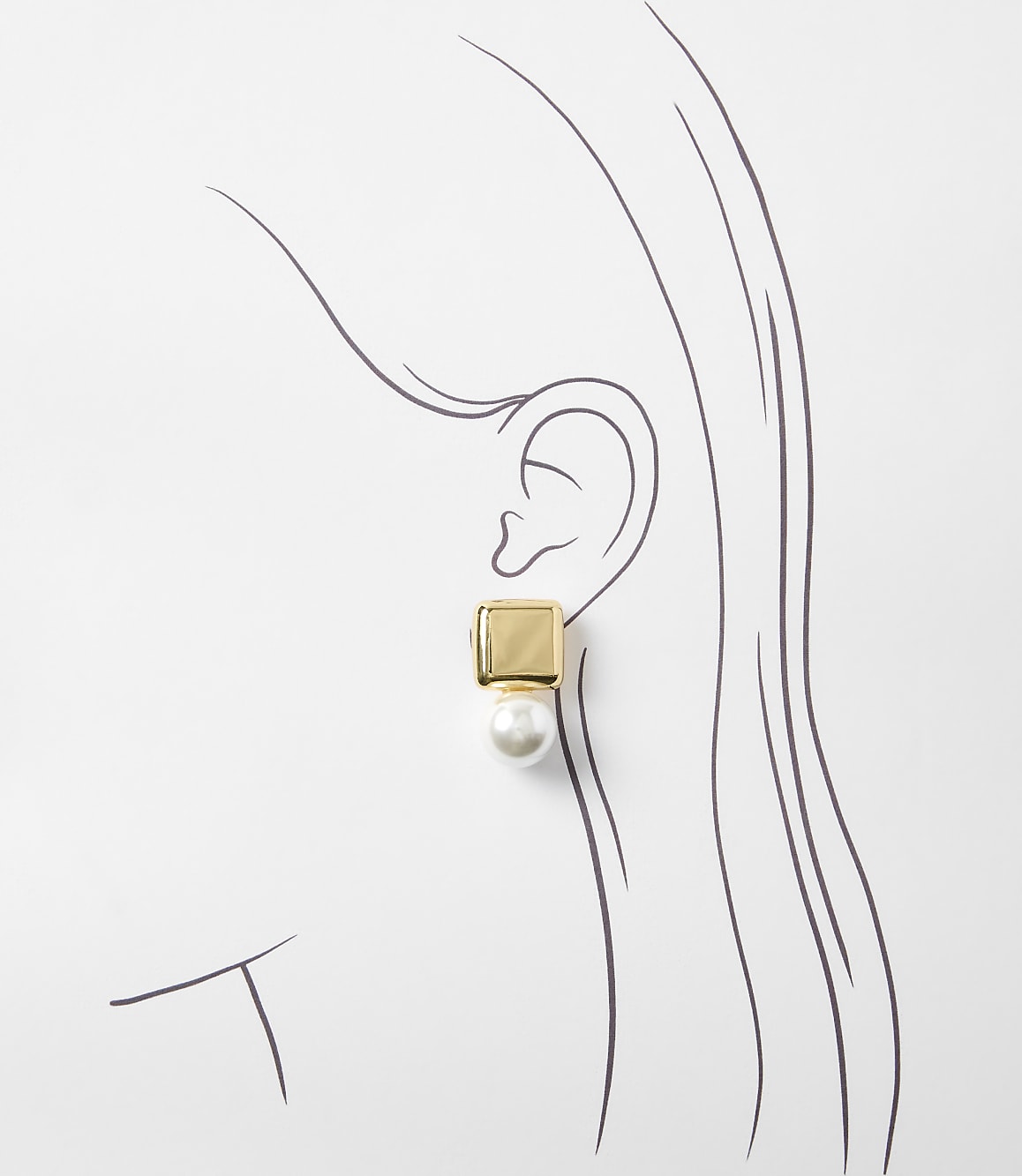 A gold square stud earring with a pearl drop adorns a stylized ear against a white background with sketched hair.