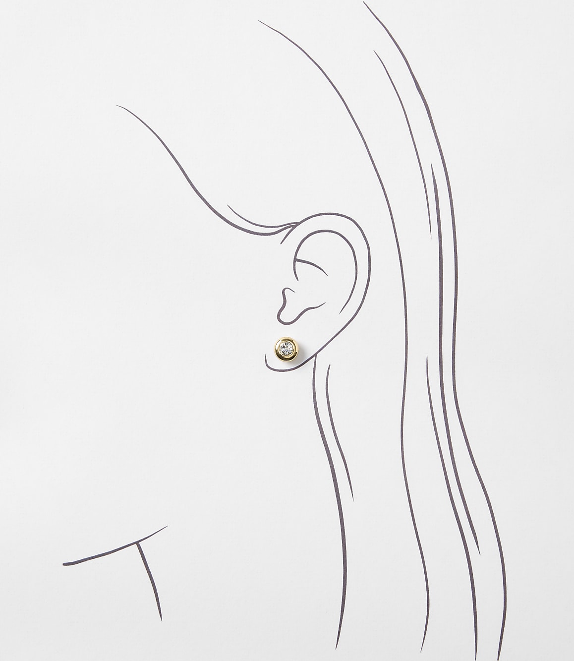 A simple gold stud earring with a clear stone is worn in a sketched ear against a plain white background.