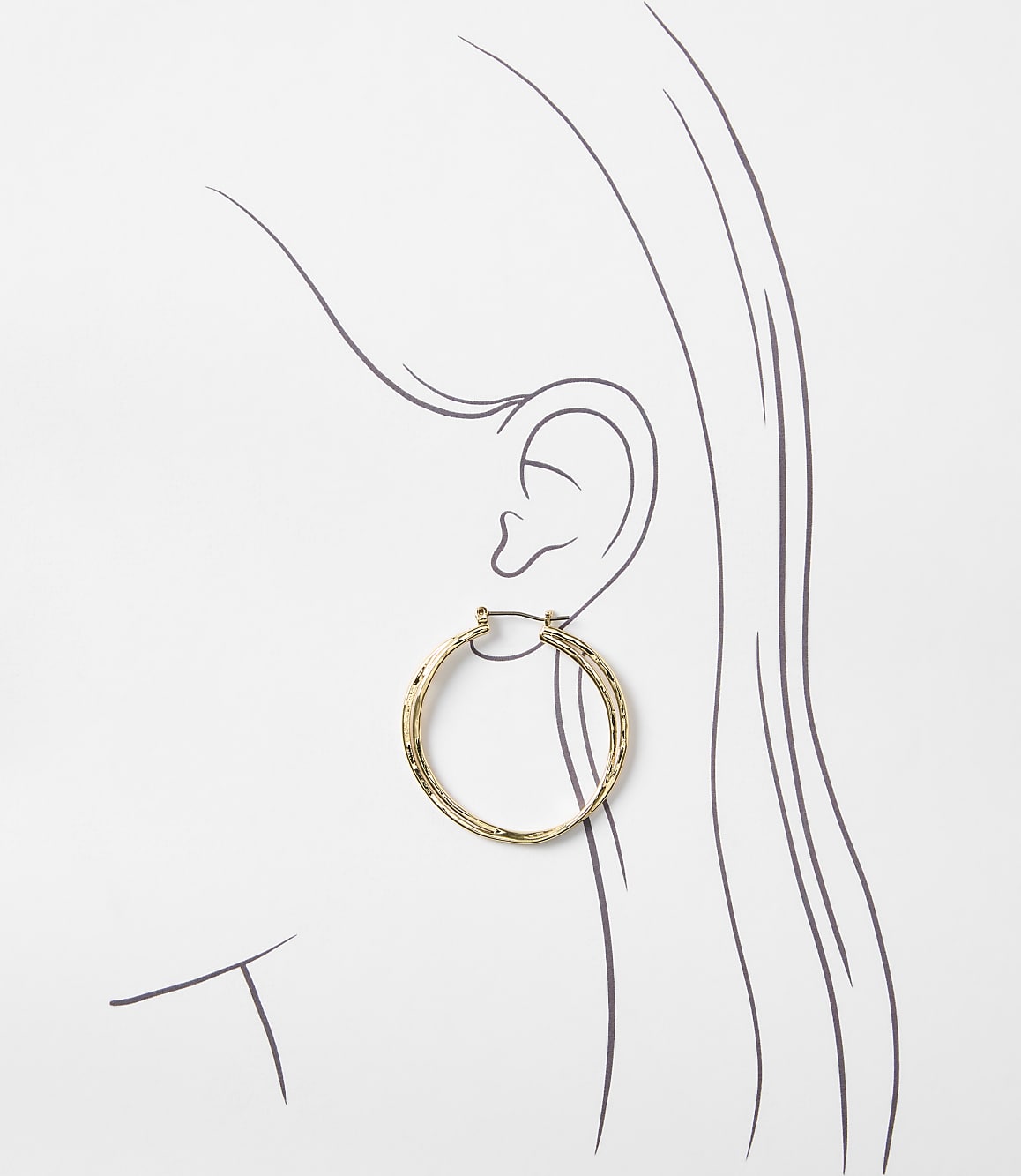 A textured gold hoop earring is displayed on a stylized drawing of a woman's ear and hair against a white background.
