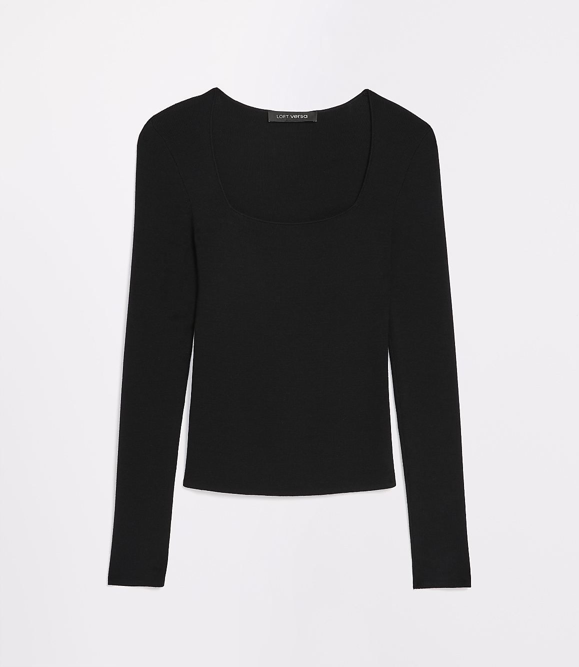 A black, long-sleeved, ribbed square-neck top is laid flat against a plain white background.