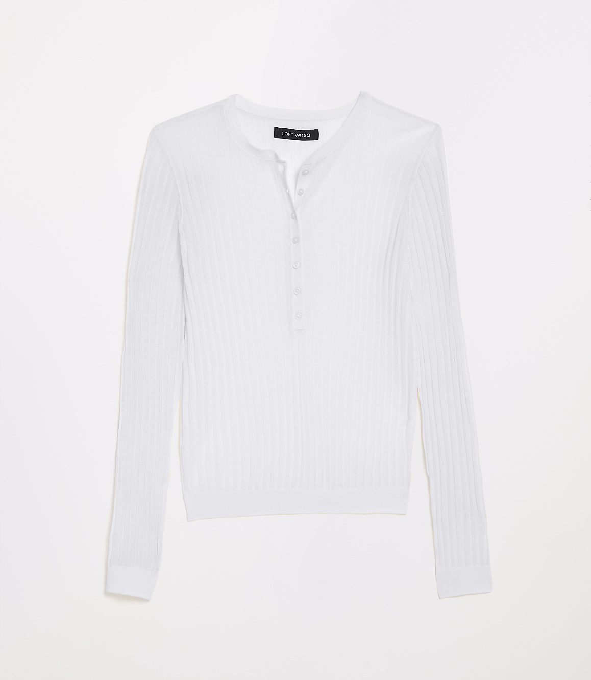 A white ribbed henley shirt with a tag is centered against a plain white background.