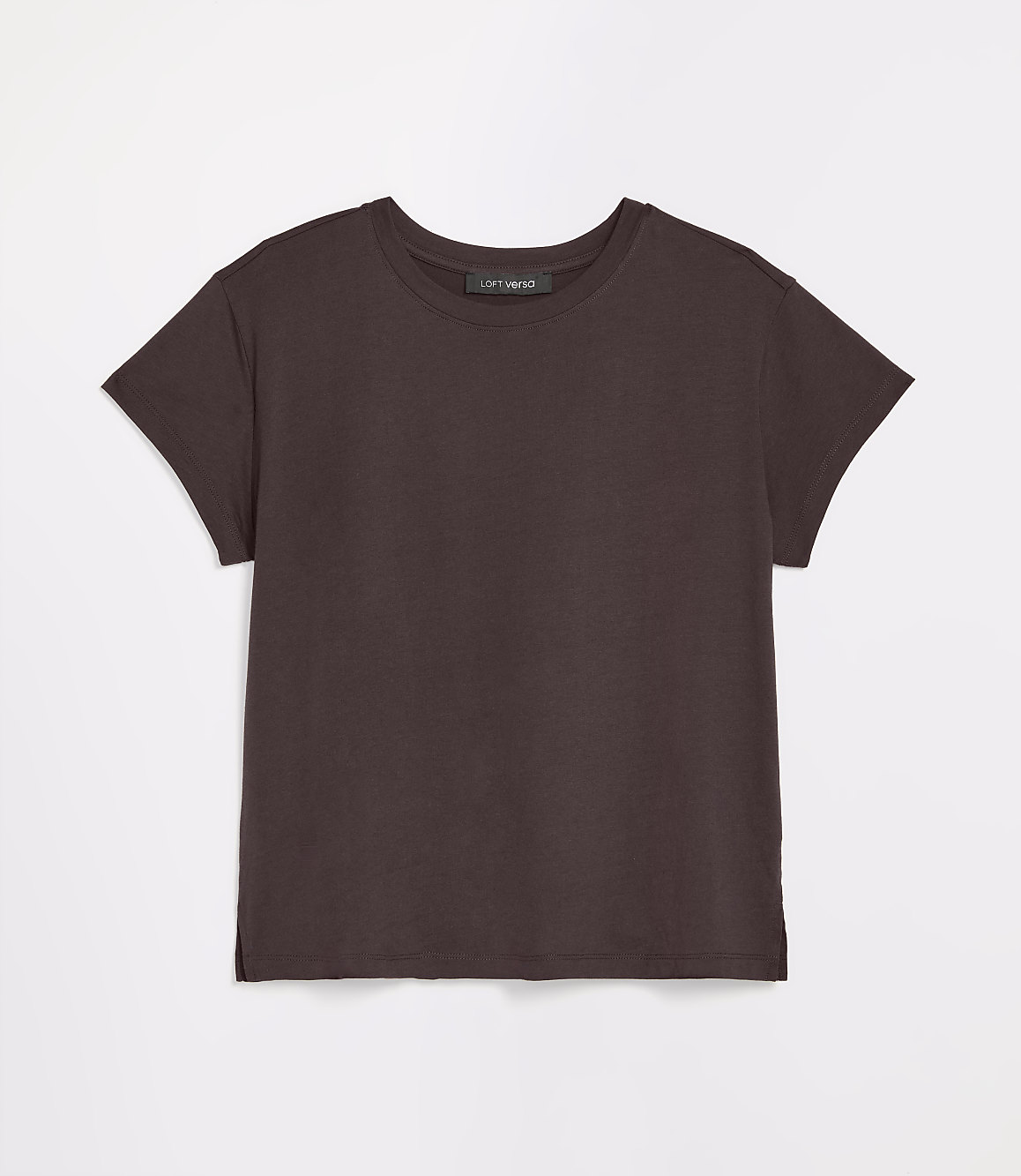 A plain, dark brown t-shirt with a crew neck is laid flat against a white background.