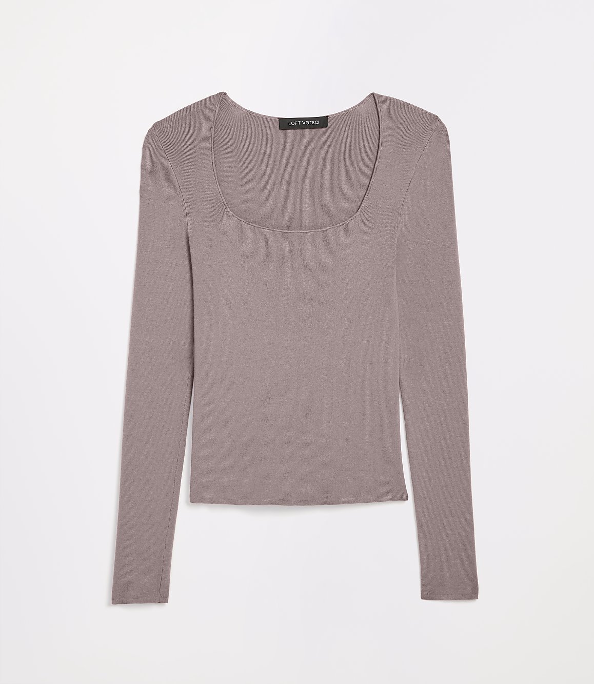 A mauve, ribbed, long-sleeved top with a square neckline is presented against a plain white background.