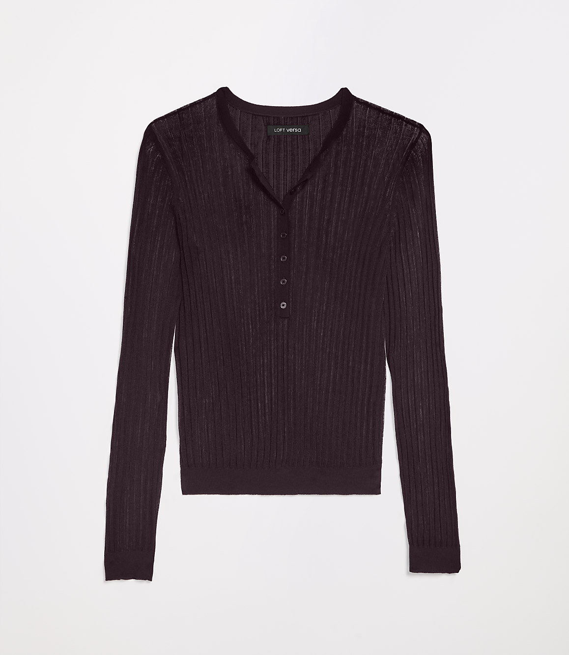 A dark maroon, ribbed, long-sleeved henley shirt with a white background.