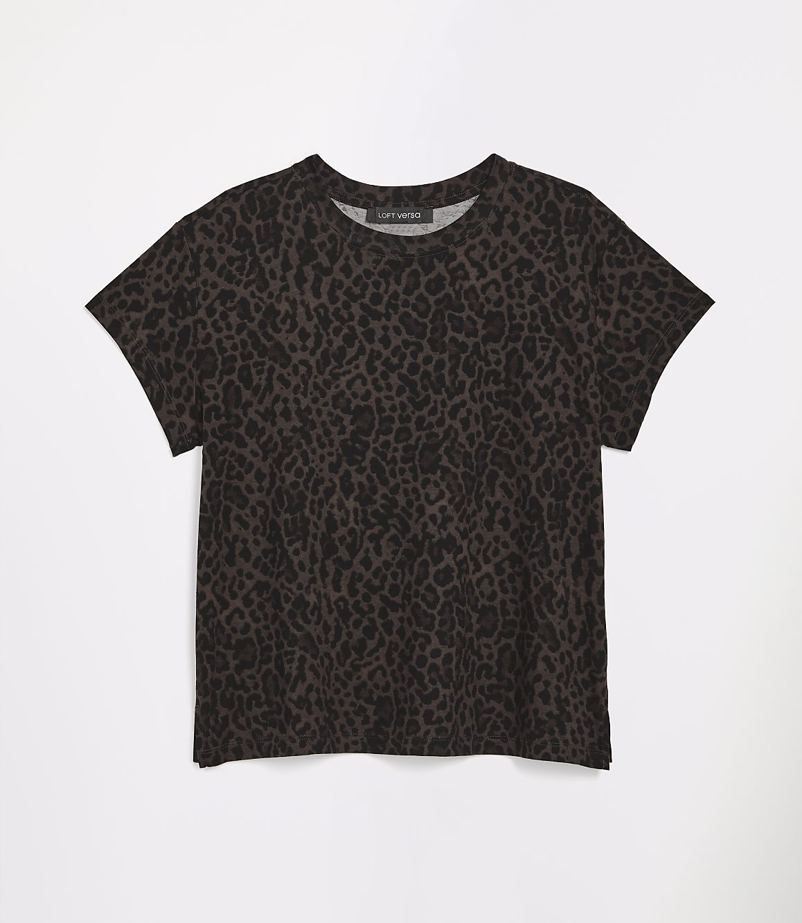 A brown leopard print t-shirt is laid flat against a plain white background.