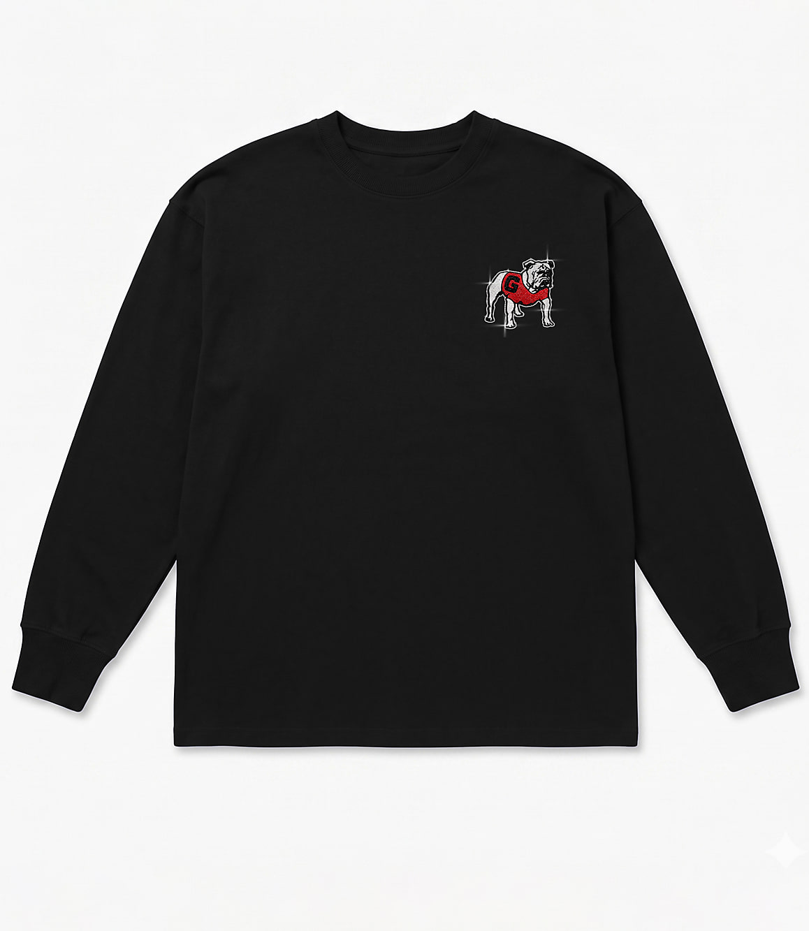 A black long-sleeved t-shirt with a bulldog graphic on the left chest is laid flat against a white background.