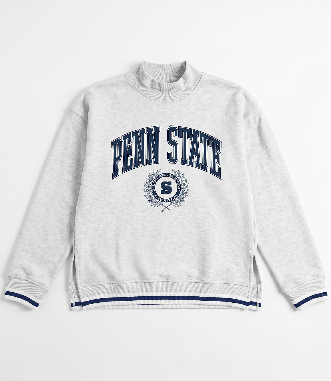 A light gray crewneck sweatshirt with "PENN STATE" emblazoned across the chest and a white background.