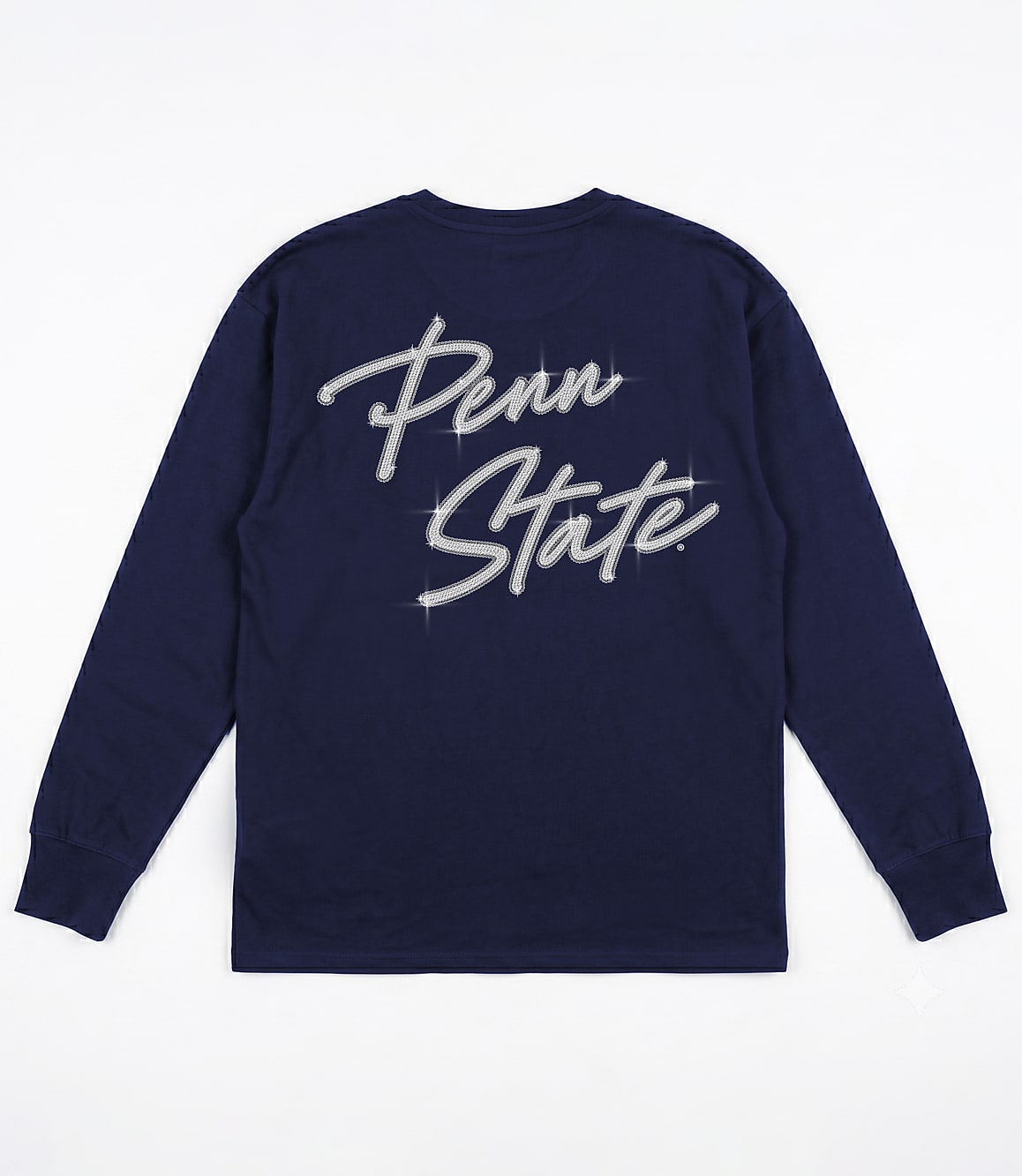 A navy blue long-sleeved shirt with "Penn State" written in sparkling silver script is displayed against a plain white background.