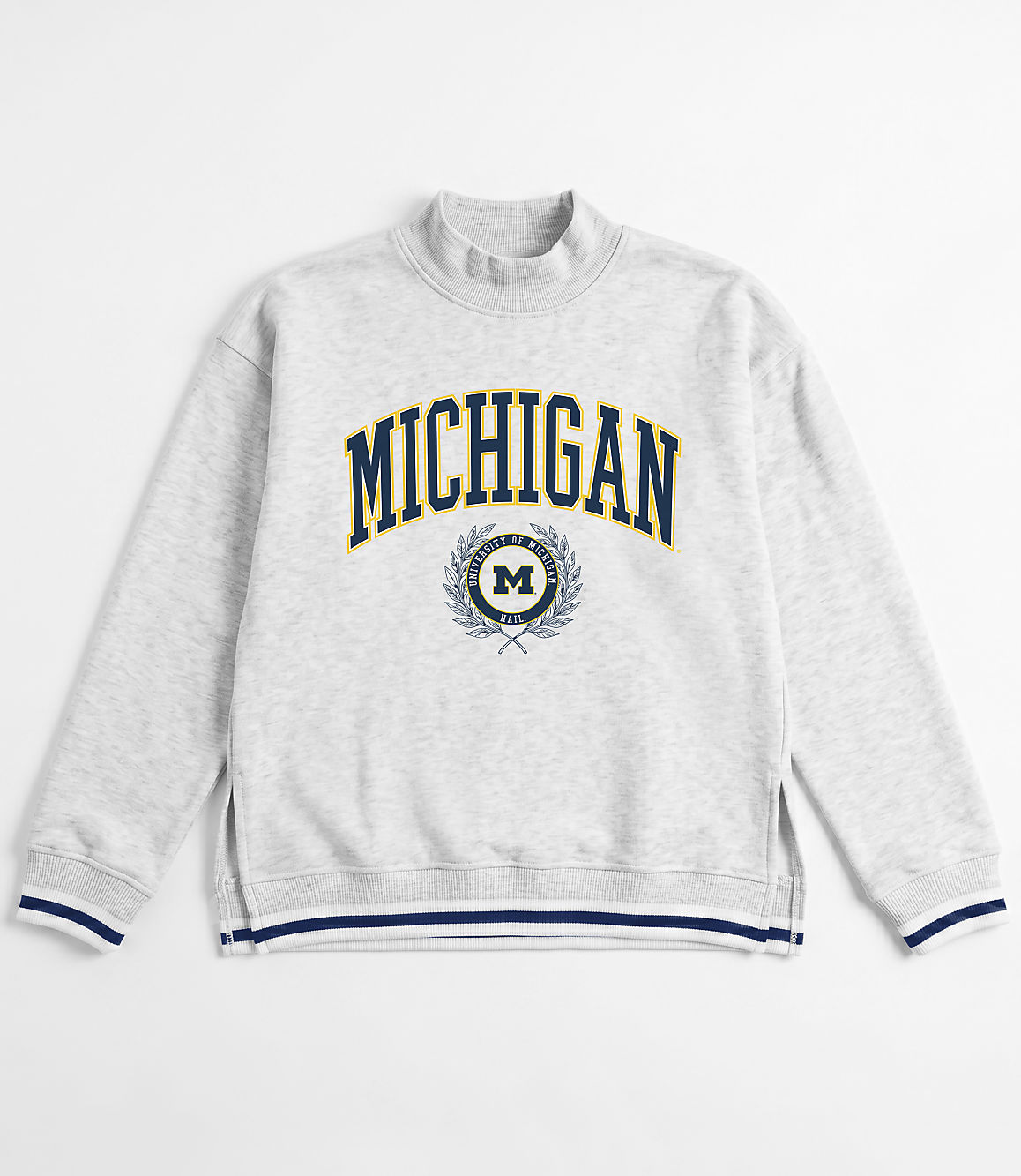 A light gray sweatshirt with "MICHIGAN" emblazoned across the chest in navy blue lettering and a white background.