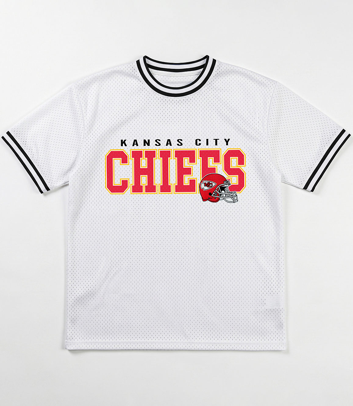 A white mesh t-shirt with "Kansas City Chiefs" emblazoned across the chest and a football helmet graphic is displayed against a plain white background.