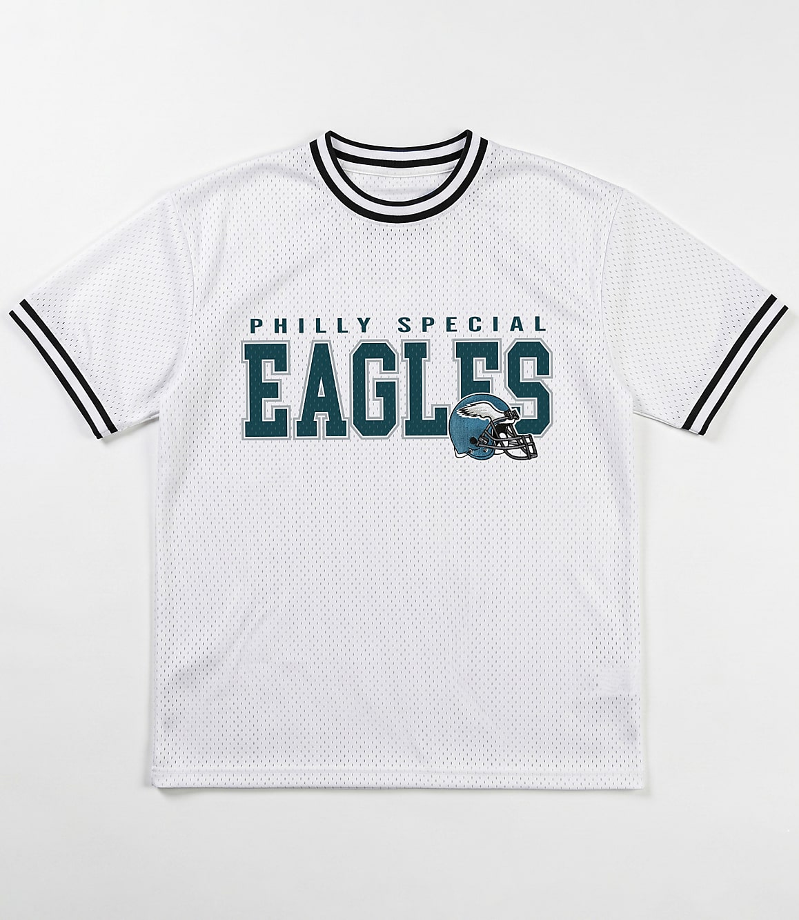 A white mesh t-shirt with "PHILLY SPECIAL EAGLES" and a football helmet graphic is displayed against a plain white background.