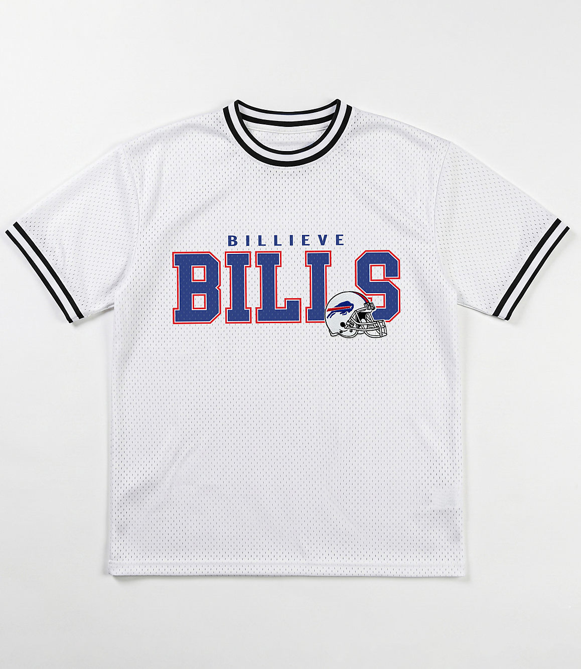 A white mesh t-shirt with "BILLIEVE BILLS" and a Buffalo Bills helmet logo is displayed against a plain white background.