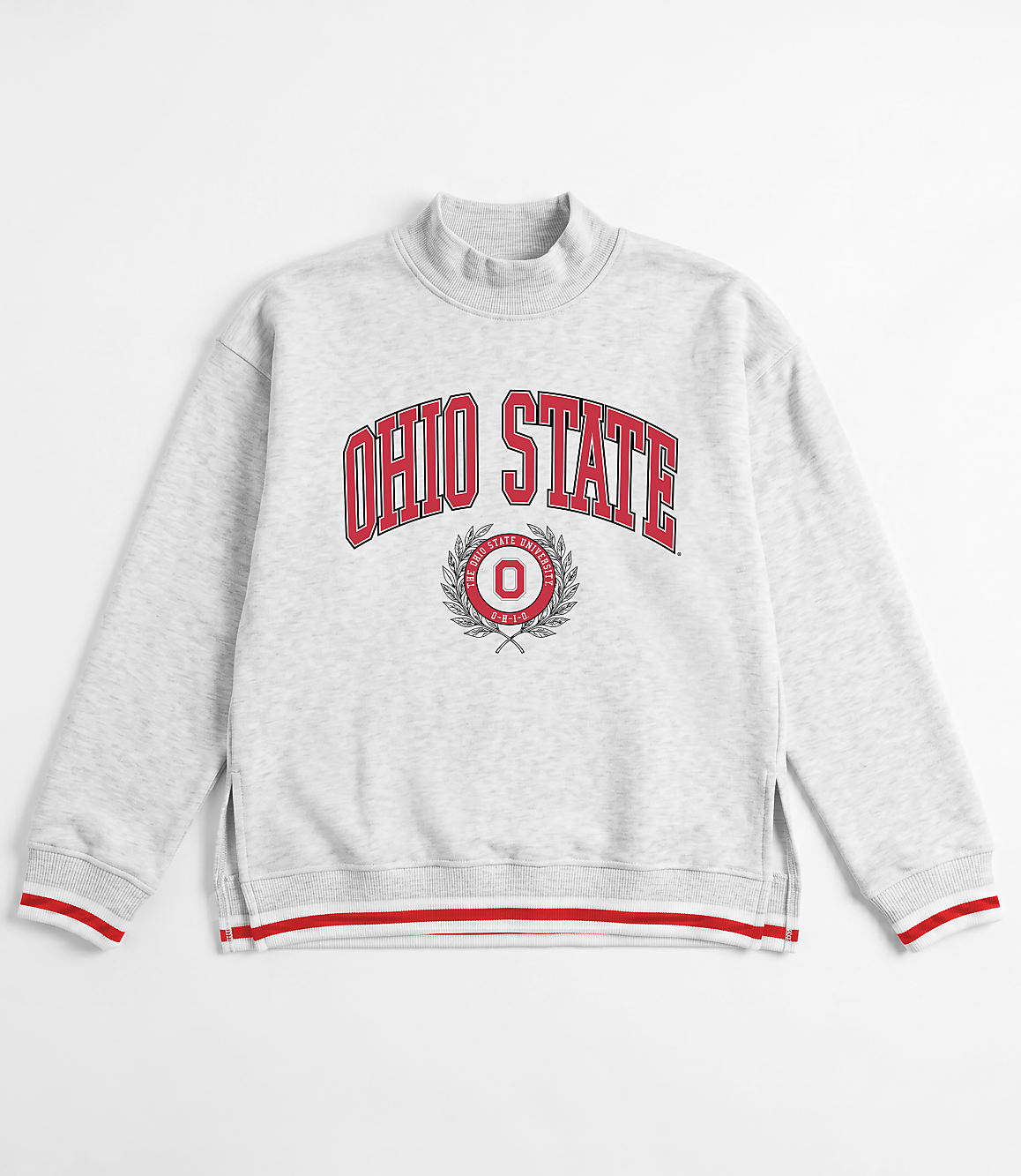 A gray Ohio State sweatshirt with red trim is laid flat against a white background.