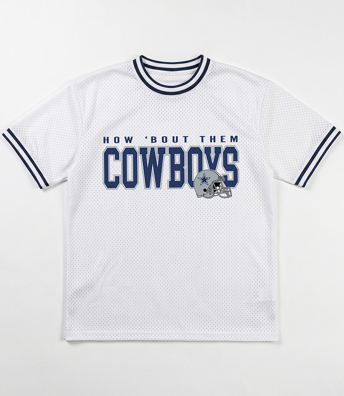 A white mesh t-shirt with navy blue trim and "HOW 'BOUT THEM COWBOYS" text with a Dallas Cowboys helmet logo is displayed against a plain white background.