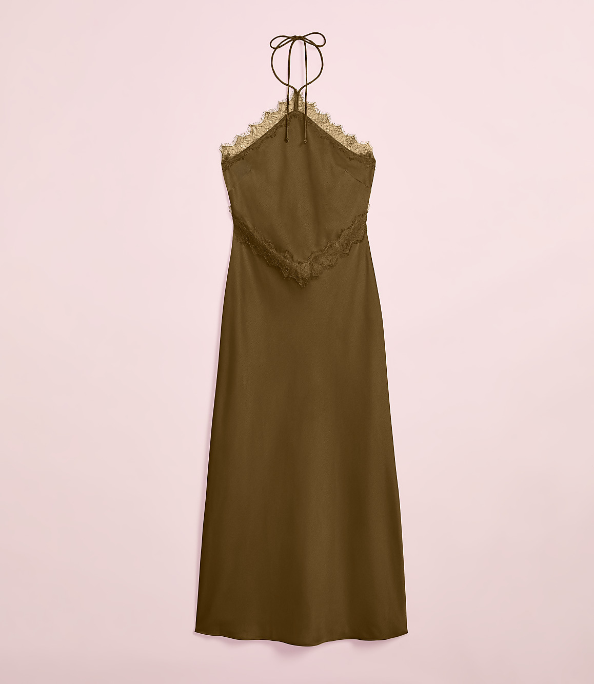 A brown slip dress with lace trim and a halter neck hangs against a soft pink background.