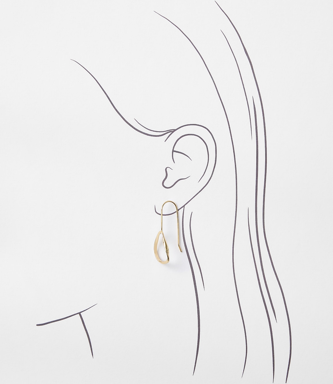 A delicate gold teardrop earring hangs from a sketched ear and hair against a plain white background.