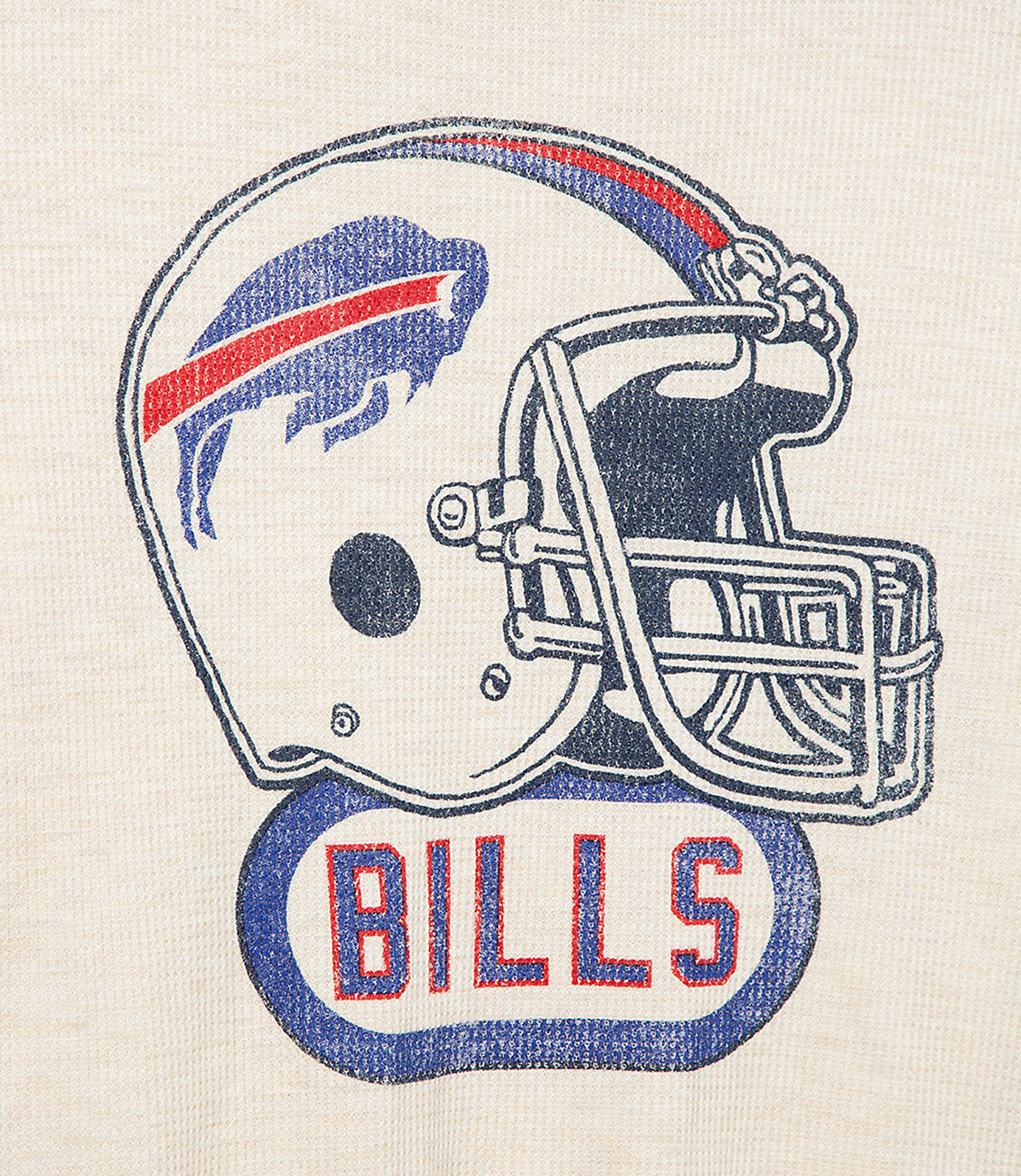 A distressed graphic of a Buffalo Bills helmet and the word "BILLS" is printed on a cream-colored textured fabric.