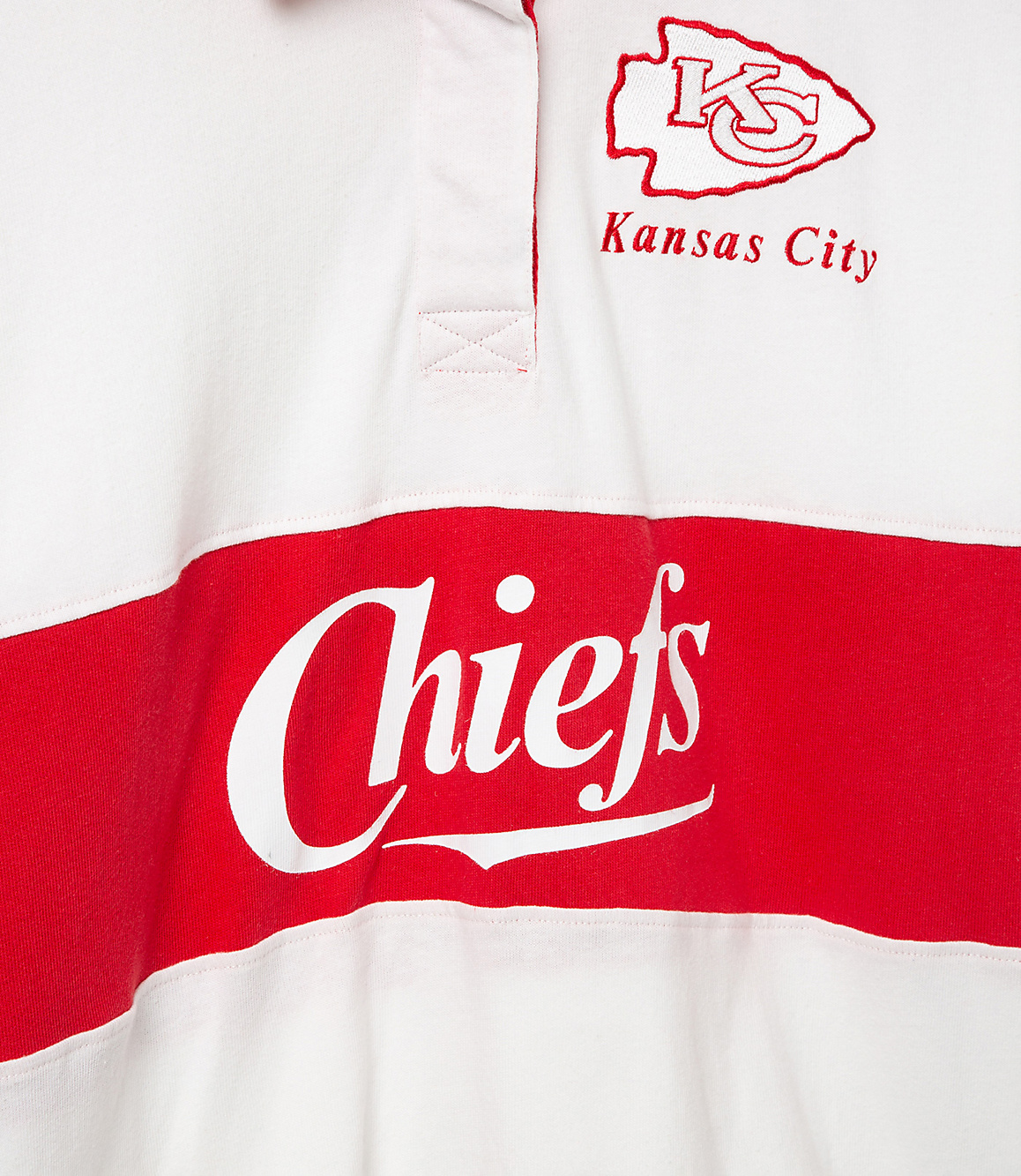 A white and red striped rugby shirt with "Chiefs" emblazoned across the front and the Kansas City Chiefs logo on the collar.