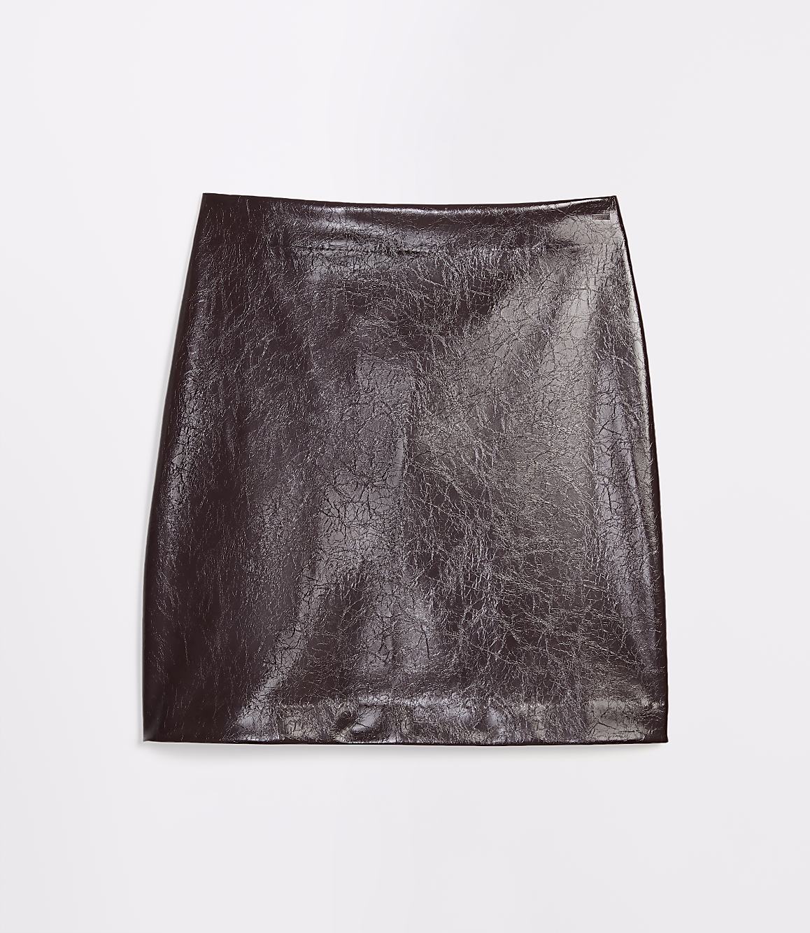 A dark brown, faux leather mini skirt with a textured finish lies flat against a plain white background.
