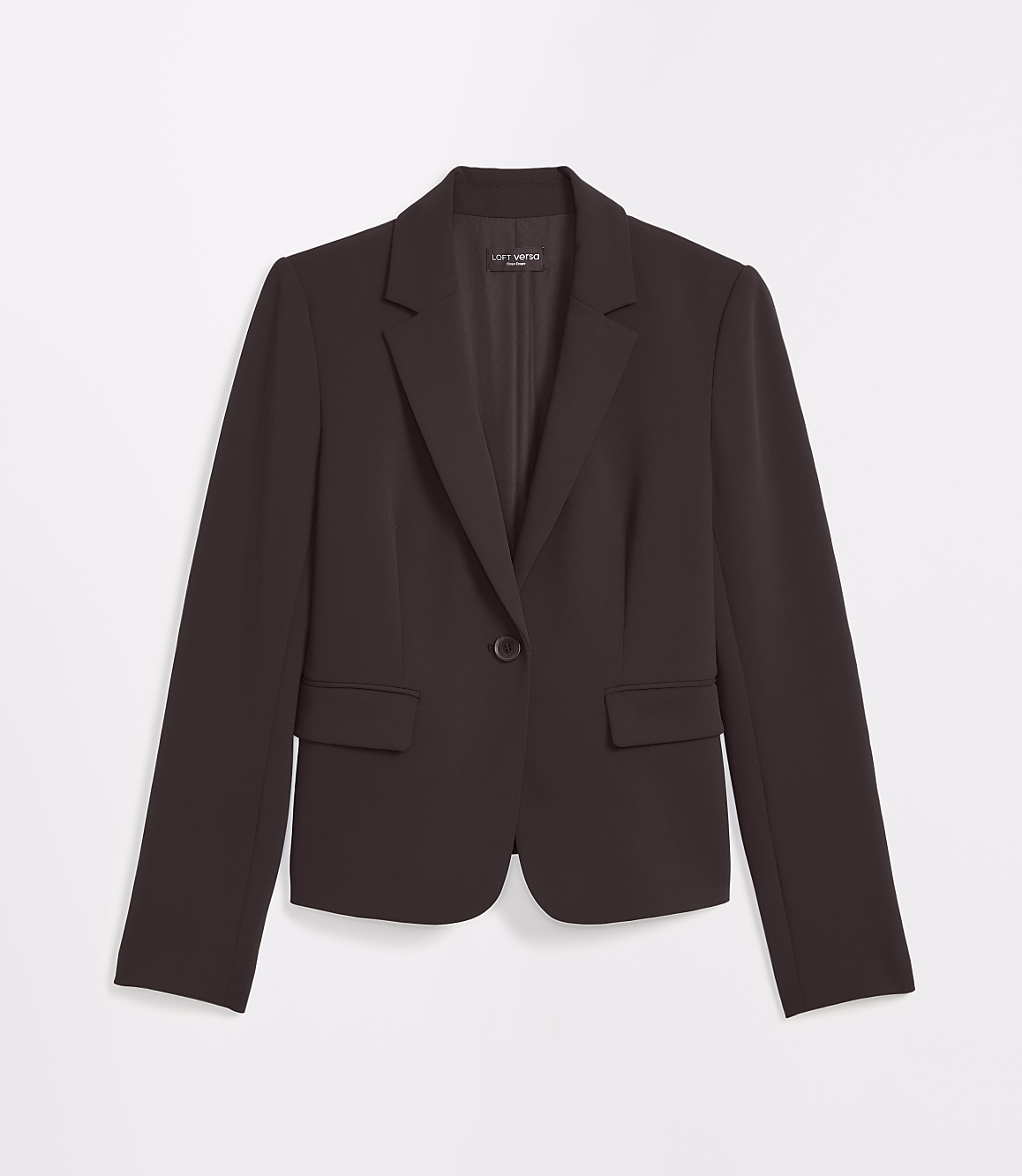A dark brown blazer with a single button closure is displayed against a plain white background.