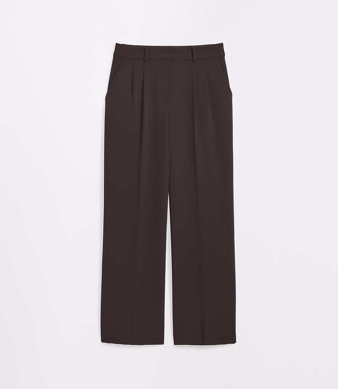 A pair of dark brown, wide-leg trousers with pleats are displayed against a plain white background.