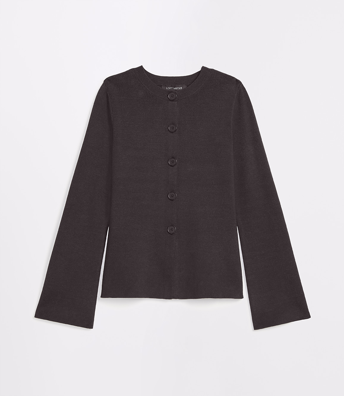 A dark brown, ribbed cardigan with bell sleeves and four buttons is centered against a plain white background.