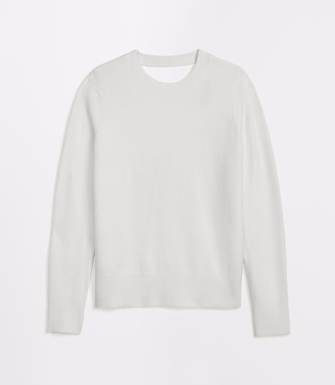 A light gray, long-sleeved sweater is laid flat against a plain white background.