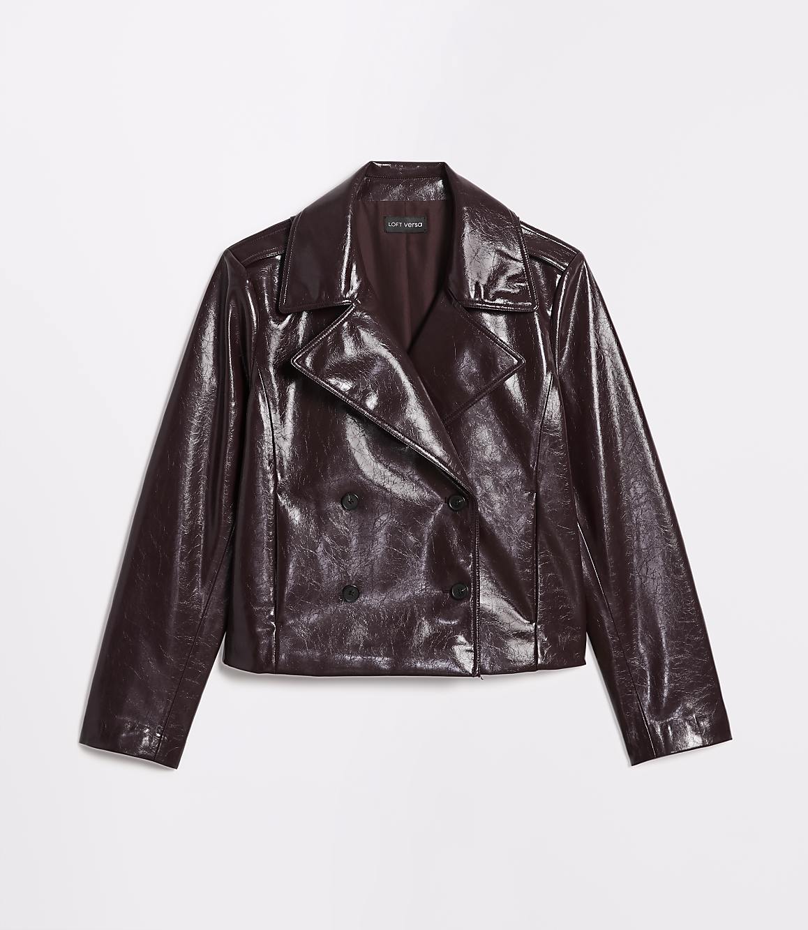A glossy, dark red, double-breasted jacket with a notched collar is presented against a plain white background.