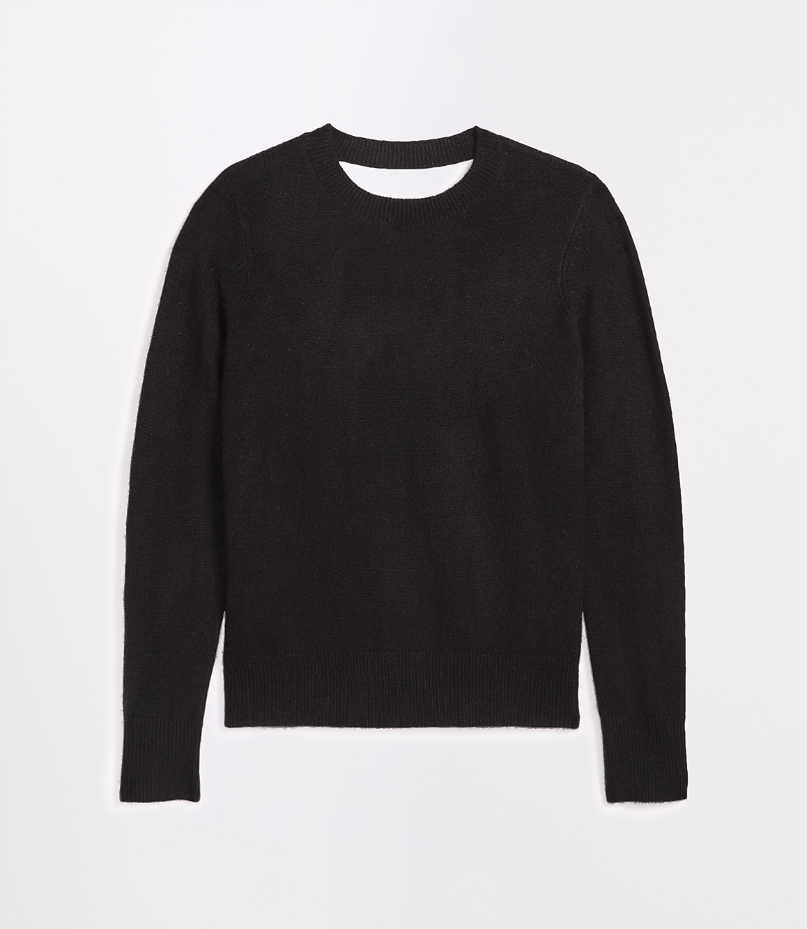 A black crewneck sweater with a cutout detail at the back is presented against a plain white background.