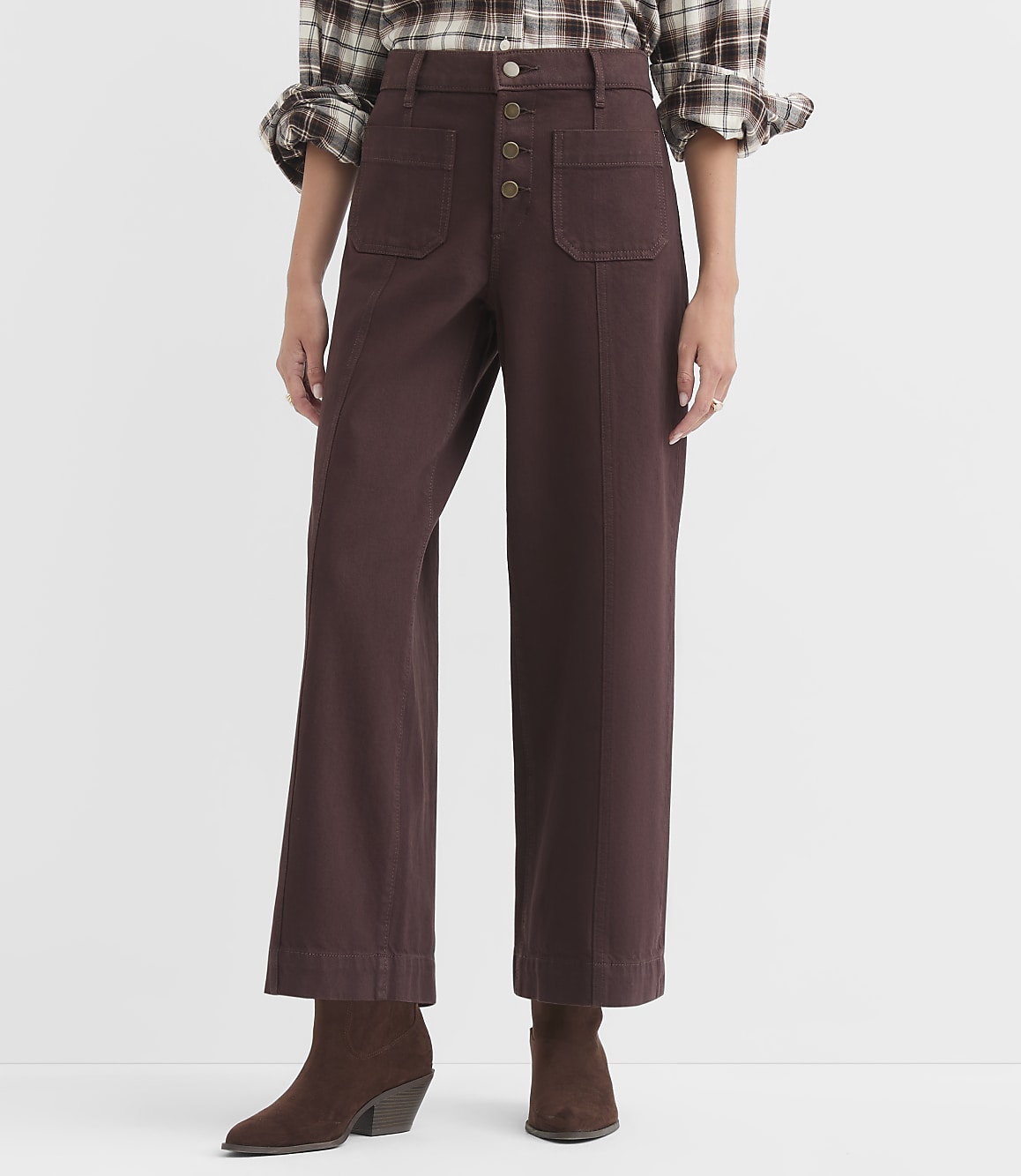 A person wearing brown wide-leg pants and a plaid shirt stands against a plain white background.