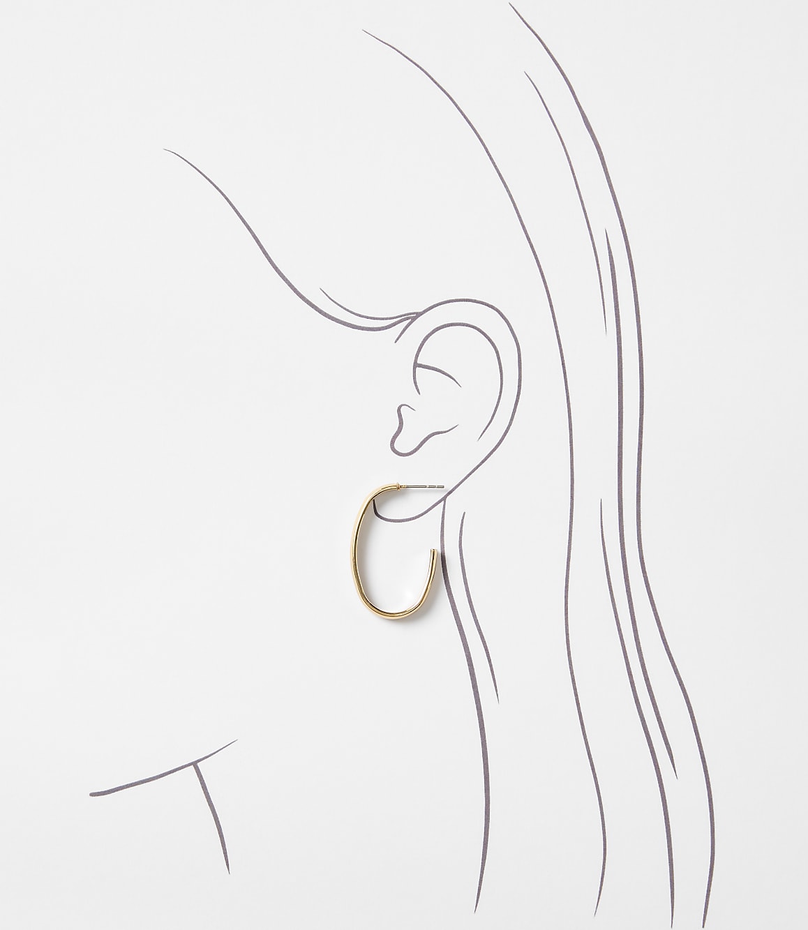 A simple gold oval hoop earring is worn on a sketched ear, with flowing lines suggesting hair in the background.
