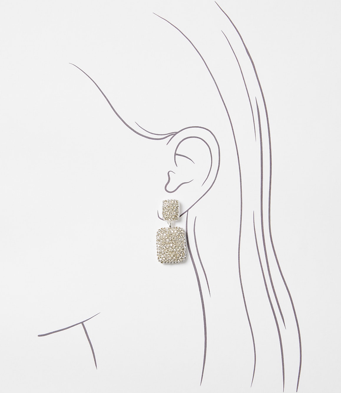 Sparkling square drop earrings adorn an ear sketched against a plain white background.