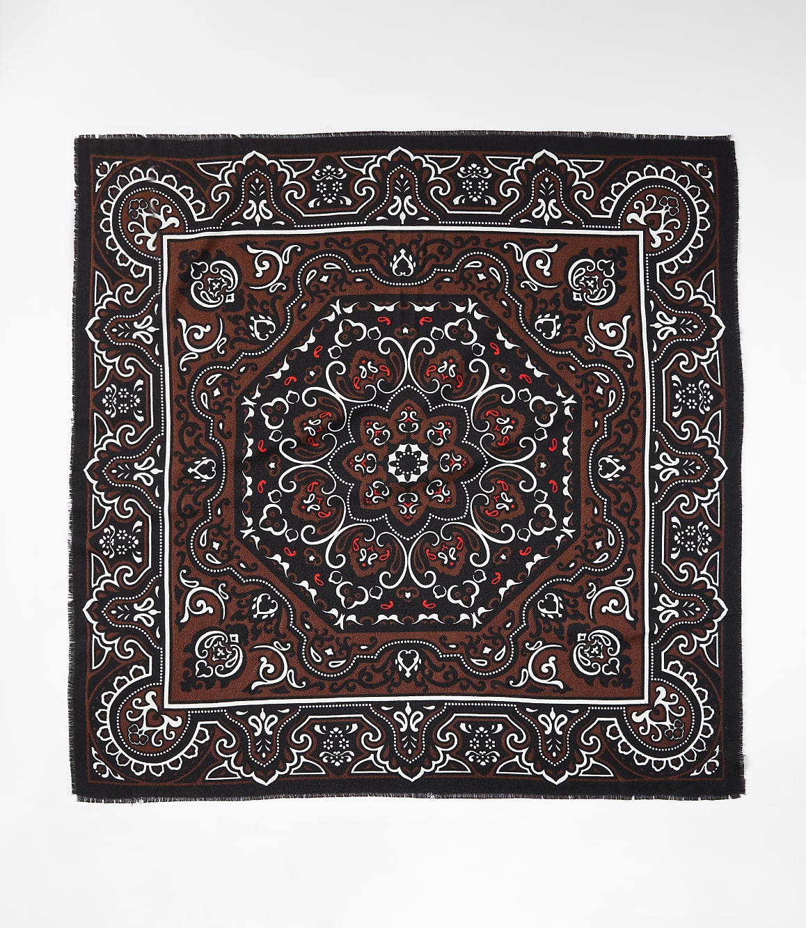 A square bandana with a detailed brown, black, and white paisley pattern is laid flat against a plain white background.